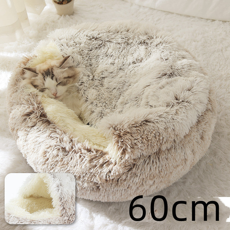 Cat sleeping in a 60cm round plush pet bed, showcasing soft long plush and warm PP cotton material for winter comfort