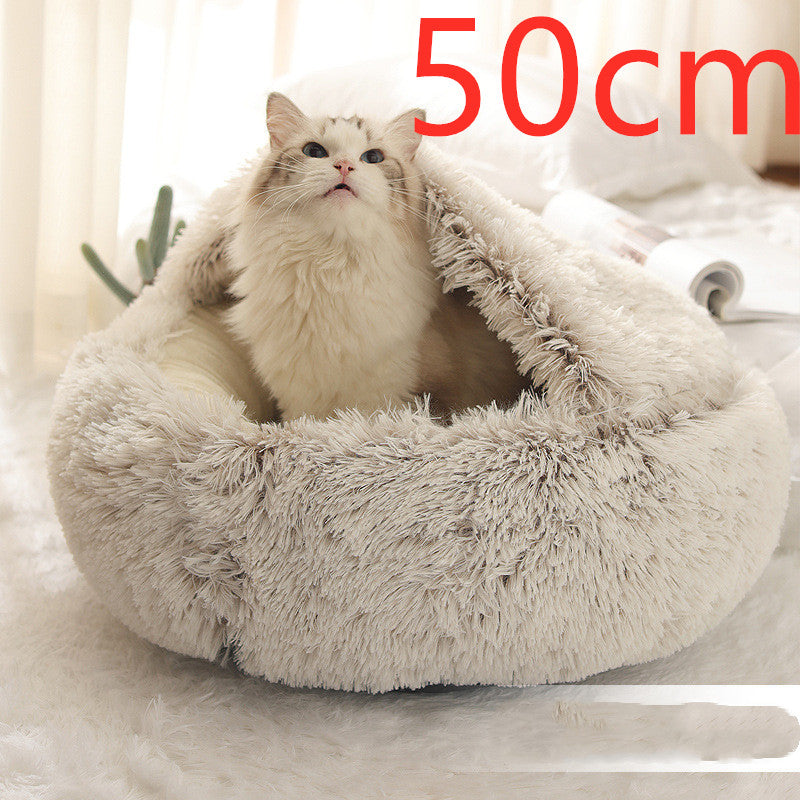 Cat in 50cm round plush pet bed, cosy and warm winter bed from Pet La'Fleur, suitable for dogs and cats.