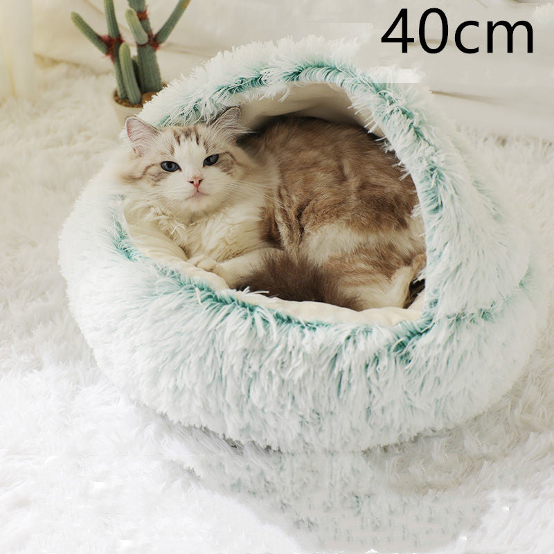 Cat resting in a 2-in-1 plush pet bed house, 40cm round soft bed for winter warmth by Pet La'Fleur