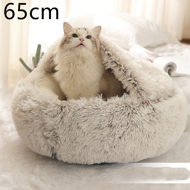 Fluffy cat sitting in 65cm round plush pet bed, cozy and warm, perfect for winter comfort for cats and dogs - Pet La'Fleur