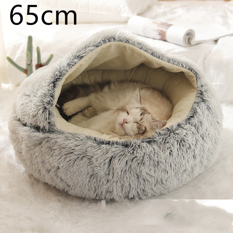 Cat sleeping in a 2-in-1 plush pet bed, grey round bed for winter comfort, 65cm size, offering warmth and coziness for pets