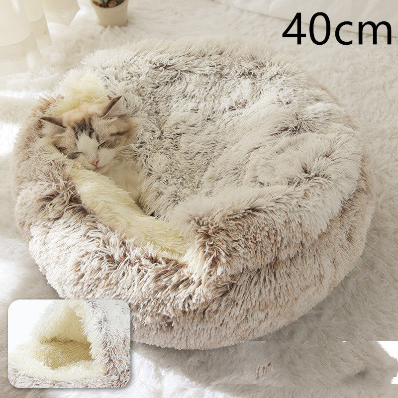 Cat sleeping in 40cm round plush pet bed by Pet La'Fleur, providing comfort and warmth with high-quality materials including PP cotton and plush.