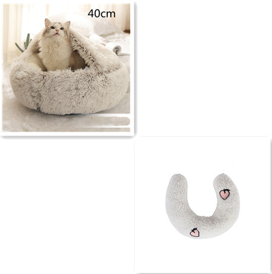 2-in-1 plush cat bed, cozy and warm, perfect for winter. Ideal for cats and small dogs for ultimate comfort and style.