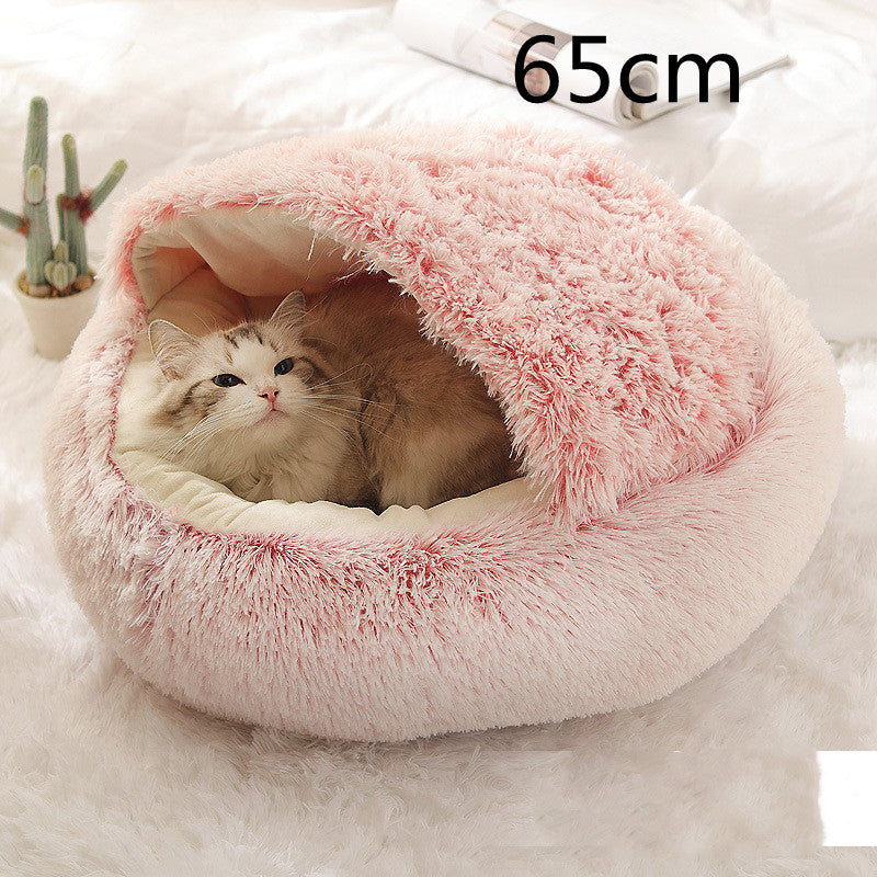 Cat resting in a 2-in-1 round plush pet bed, 65cm size.