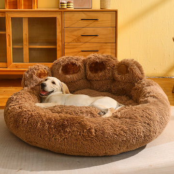 Dog Bed Cat Mat Round Pet House Long Plush Deep Sleeping Warm Bear Paw Shape - Pet La'Fleur