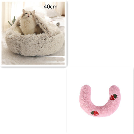 Cat sitting in a 2-in-1 plush pet bed and a pink plush pillow with strawberry design.